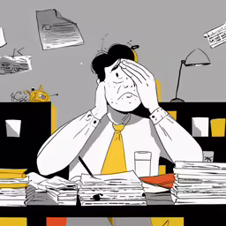 the man is sitting at the table with many papers