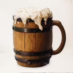 a wooden barrel of beer with white icing