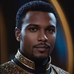 a man with an intricately designed suit looks ahead