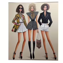 a drawing of three girls in various outfits, one with a jacket on,a large picture of some ladies in short dresses,two women wearing short shorts and a coat,three models with dresses and purses in front of a picture,two ladies in short dresses are holding purses