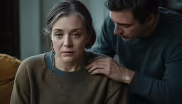 a man helping a woman cut her hair in front of her