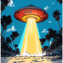 an alien - like structure is flying over the ground, with bright beams coming out from behind it