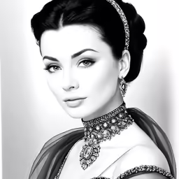 a black and white drawing of a woman wearing a crown