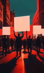 a group of people walking down a street holding white signs