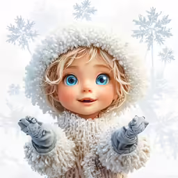 a doll in a snowsuit and hat holding up the finger