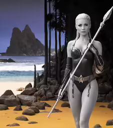 the doll is wearing a bathing suit with a spear and helmet