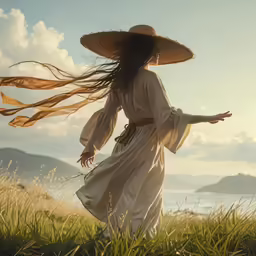 a woman wearing a sun hat walks through some grass