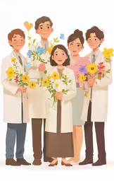 four people with a bouquet of sunflowers wearing lab coats