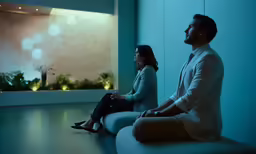 two people sitting on top of a white bench