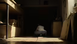 a woman crouches down to squat next to boxes in an empty room