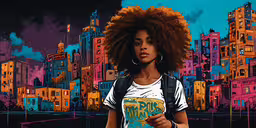 a woman holding a book with the colors of a city behind her,an image of a woman with afro hair