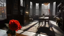 there is a red rose in the center of the room