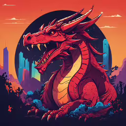 an illustration of a dragon that is sitting in front of a bright orange and purple sky,a dragon sitting on a rock with a sunset background