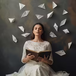 a woman is holding a book while sitting on the floor