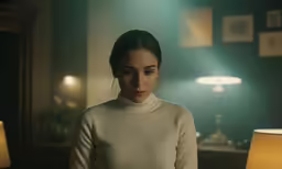 a woman is staring while standing in the dark