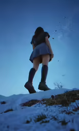 a girl with dark boots standing on top of a snow covered hill