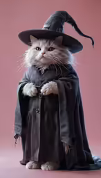 a cat wearing a black hat and coat