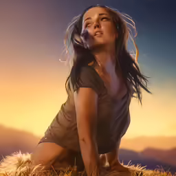 a woman is kneeling on the ground with her eyes closed