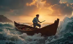 a man with a pole in a boat on the water,a man is sitting on a small boat in the water with waves