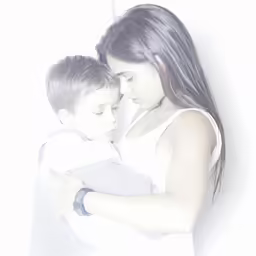 young child holding older woman in white dress
