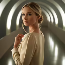 woman in beige top standing near a white ceiling