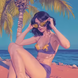 a young woman sitting under a palm tree with yellow sunglasses