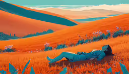 a woman laying on top of a grass covered hillside,a painting of a woman laying in a field of grass and flowers