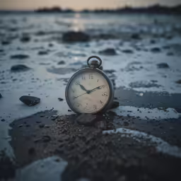 an old pocket watch sits on the beach by the water