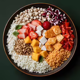 a plate is full of different ingredients including rice, strawberries and nuts