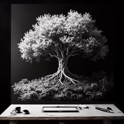 a large black and white photo of a tree