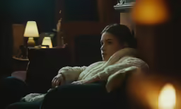 a woman sitting in a chair with a lit up lamp