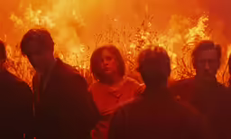 a group of people stand around a fire