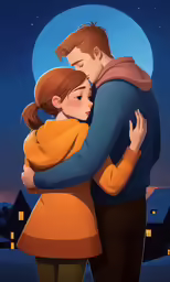 an illustration shows a couple embracing in front of a full moon