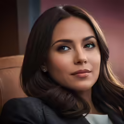 a woman with dark hair and bangs in a chair