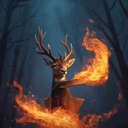 a deer that has the tail wrapped around the neck is in front of a fire
