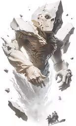 a white image of an alien on a cloudy background
