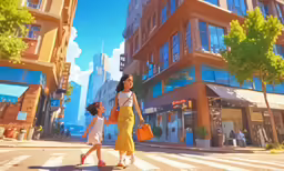 a scene of a woman and child walking on the street in the city