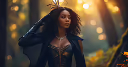 a beautiful woman in an intricate outfit holding a butterfly on her head