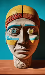 a ceramic head with two different colored eyes and one with a bandage on top