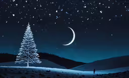 a picture of a snow covered night with a tree on a hill,a white christmas tree on a hill under a star filled sky