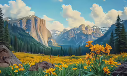 a painting of mountains and flowers with sky in background