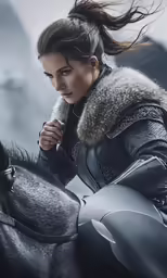 the woman is riding her horse in winter clothing