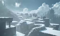 people walking along a snowy path surrounded by snow covered hills