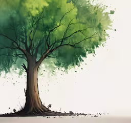 a drawing of a tree with green leaves,a big tree that is painted on the side of the road