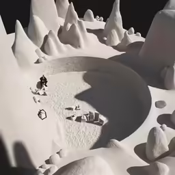 a computer - generated image shows two people at a small table in front of giant rocks and boulders