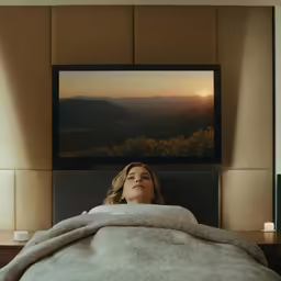 a woman is laying in bed, with mountains and the sun going down