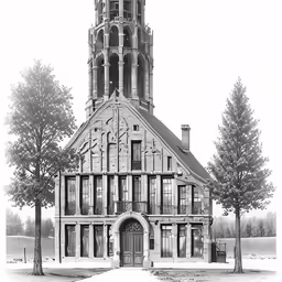 an architectural drawing of the front entrance to a brick building