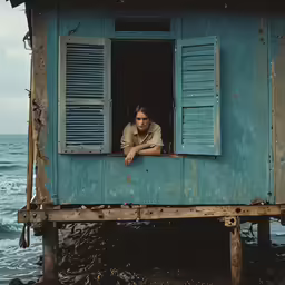 a man sitting on the side of a window with his arms folded out