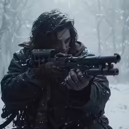 a man holding a rifle and aiming the scope