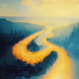 a painting of a curved road surrounded by pine trees